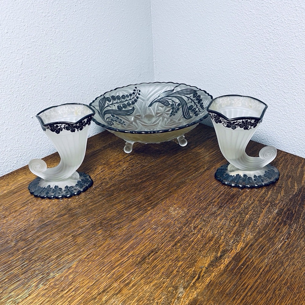 3 Vintage Cut Glass Bowl 2 Vases Sterling Silver Lilly Of Valley Flowers Overlay